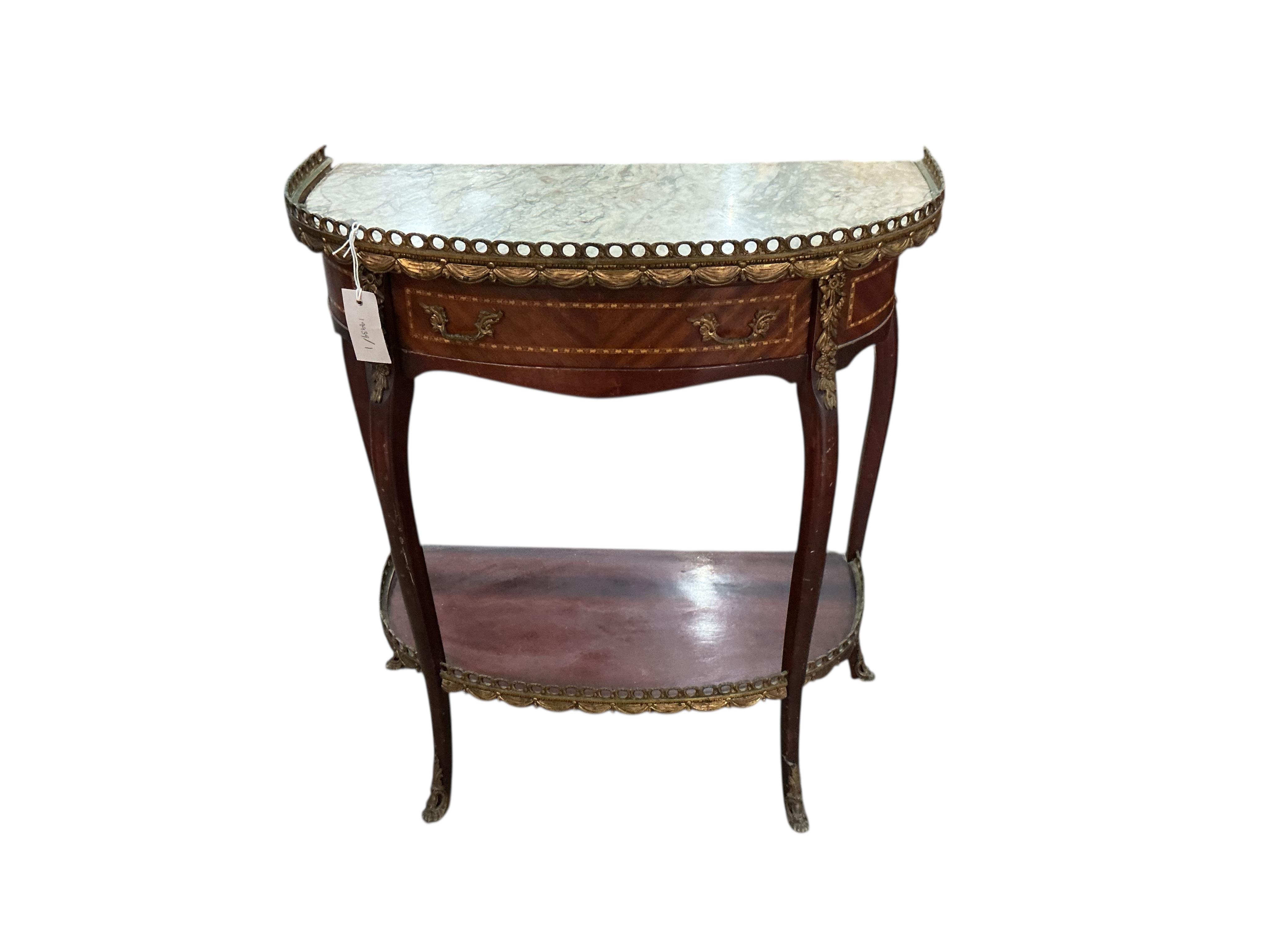 A Louis XVI style D shape marble top gilt metal mounted two tier table, width 64cm, depth 31cm, height 73cm